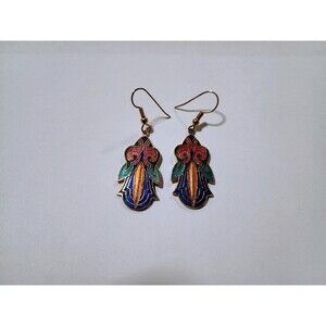 Vintage Style Cloisonne Dangle Pierced Earrings, Gold Tone Very Colorful